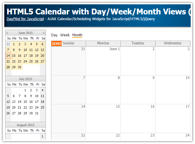 HTML5 Calendar with Day/Week/Month Views (JavaScript, PHP) DayPilot Code