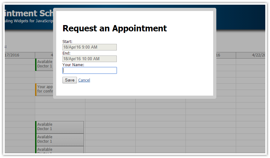 HTML5 Doctor Appointment Scheduling (JavaScript/PHP/MySQL 